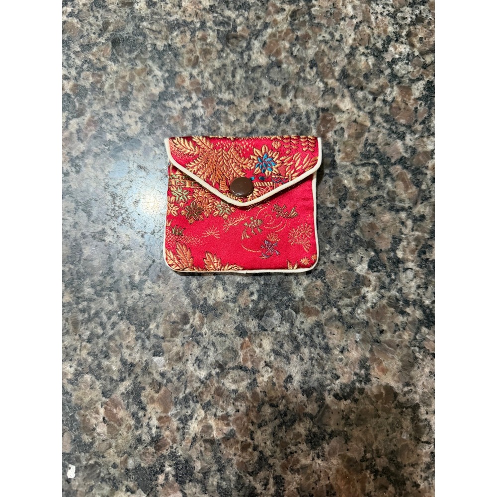 Vintage Red Silk Brocade Jewelry Pouch Chinese Floral Pagoda Snap Coin Purse